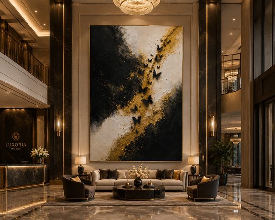 Black Butterflies over Abstract Gold