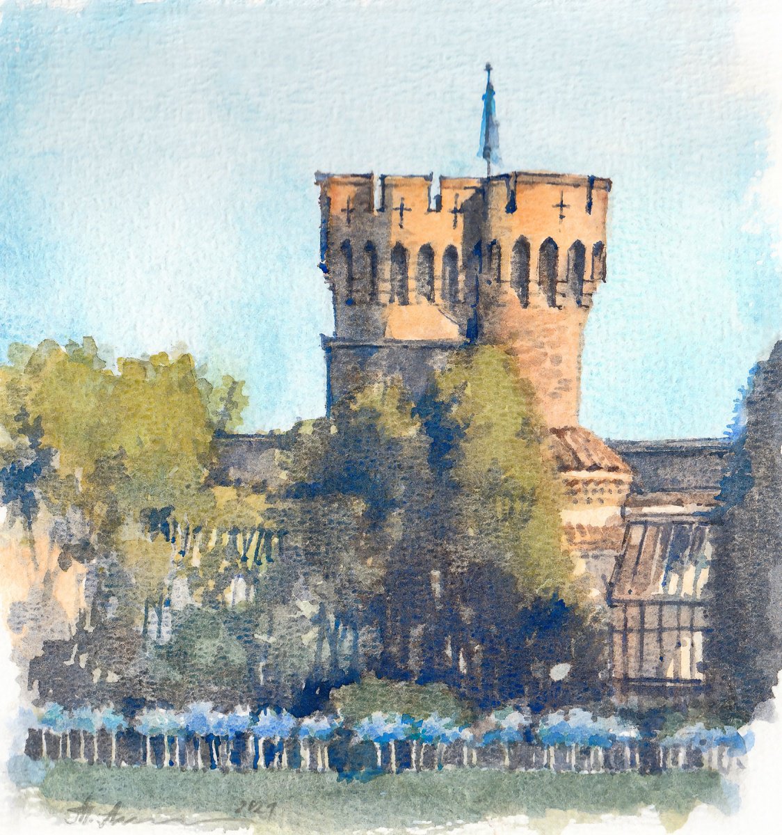 Impressionistic Cityscapes Watercolour By Tatiana Alekseeva, 7 X 8", Napoule Through The Leaves, Original Artwork