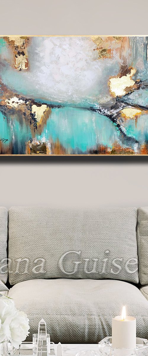 Awake my Soul - Teal Abstract Painting 32" Large Canvas, Gold Leaf, Minimalist Painting, Blue Green Aqua Abstract Painting by Lana Guise