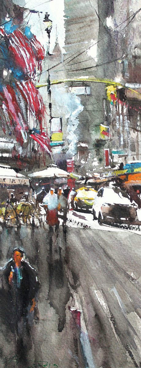 Impressionistic Cityscapes Watercolour By Maximo Damico, 6 X 16", The Great Flag, Original Artwork
