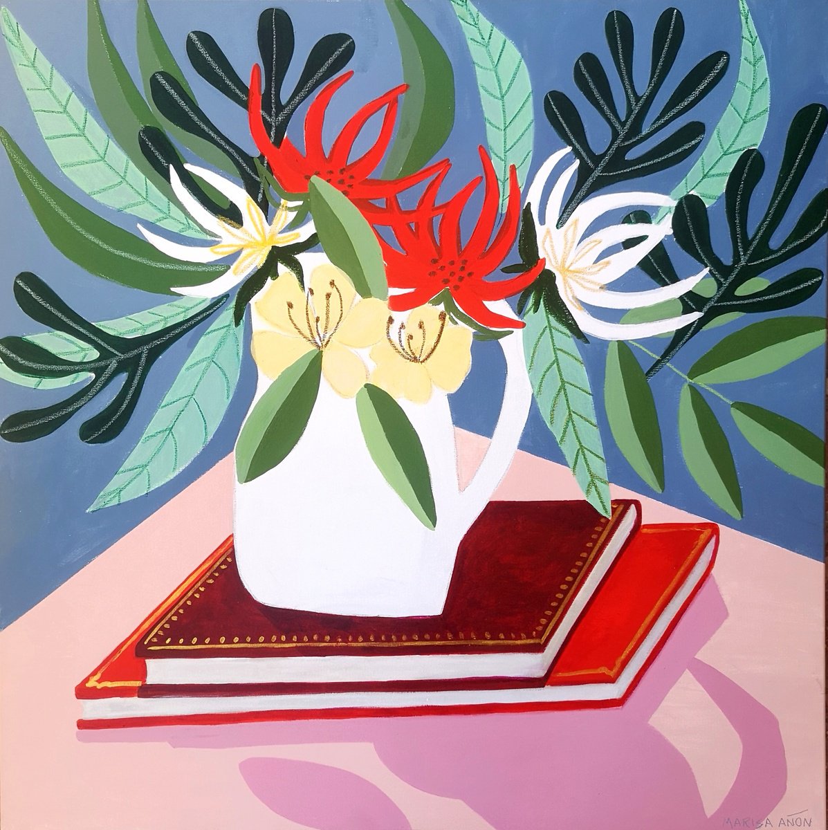 Impressionistic Still Life Painting By Marisa Anon, 28 X 28", Flowers And Books Iv, Original Artwork