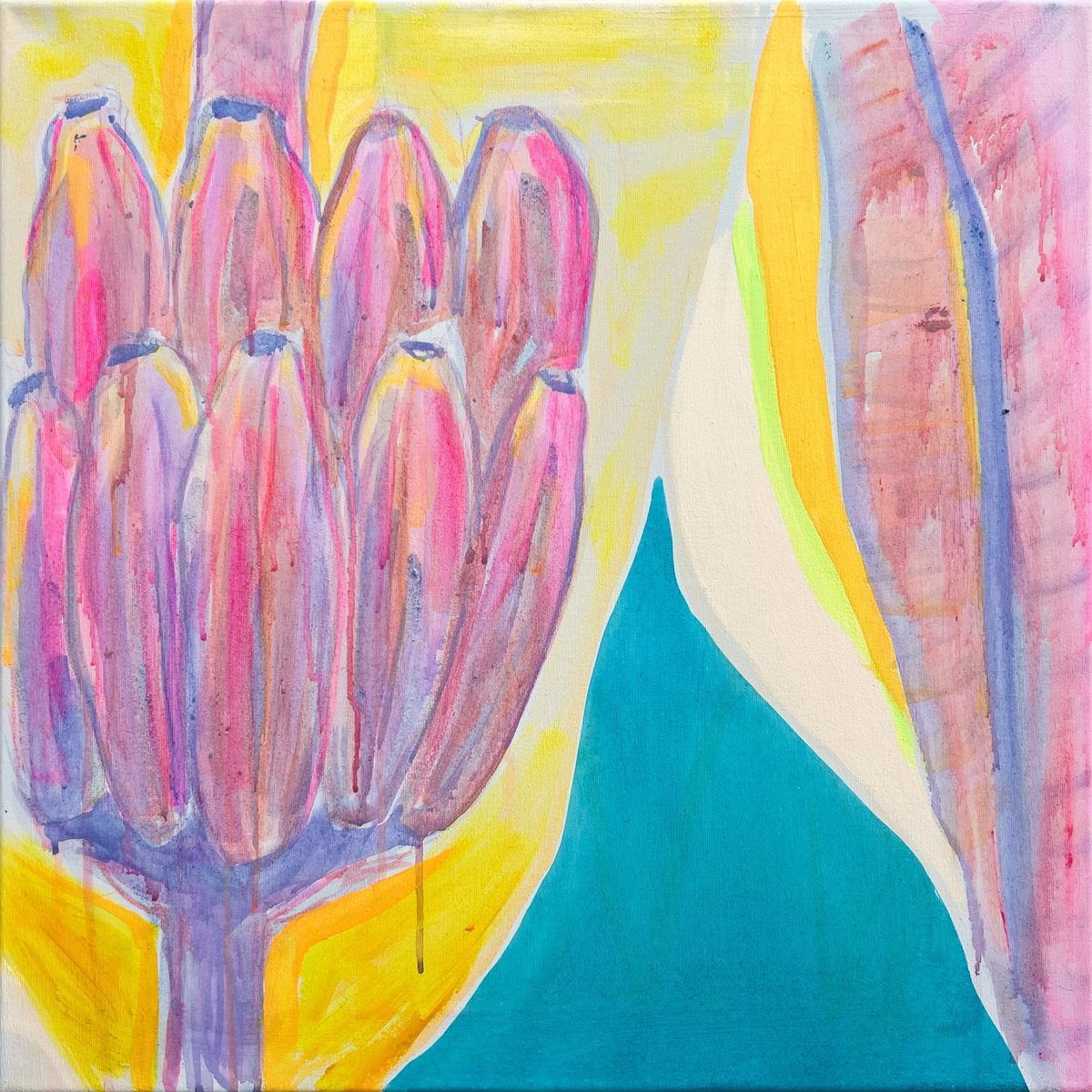 Organic Botanical Acrylic Painting By Kathryn Sillince, 22 X 22", Purple And Yellow Banana Study, Original Artwork