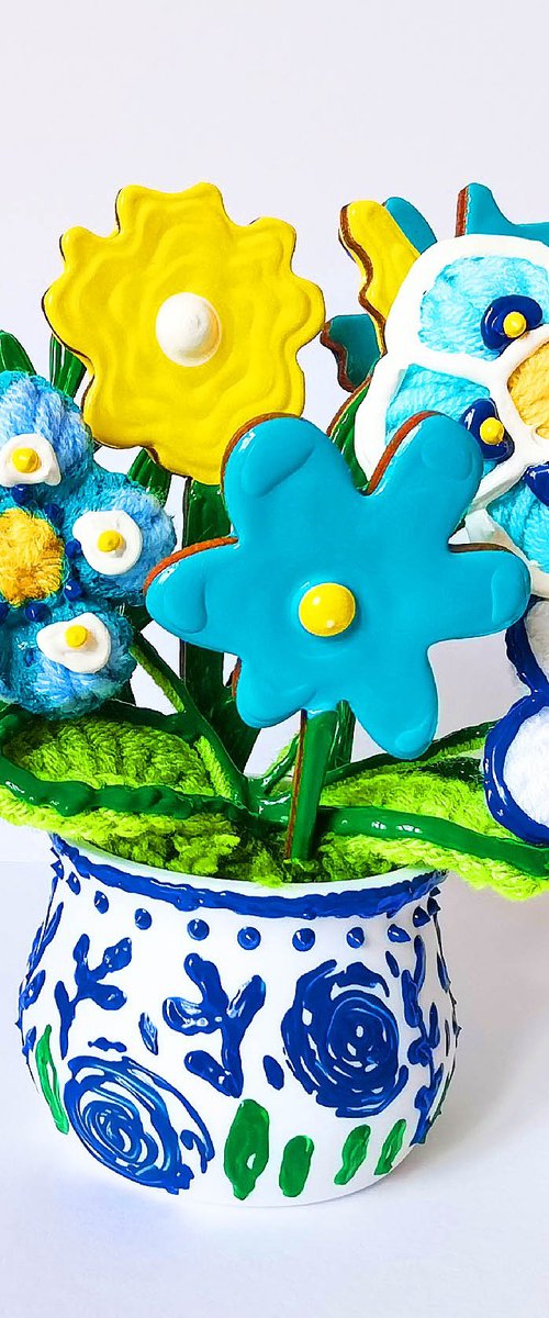 Blue crochet flowers in vase by BAST