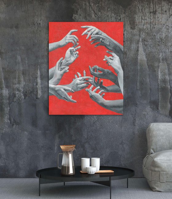 Infinity | Large Painting With Monochrome Hands On A Red Background