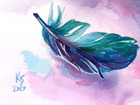 Still life "Fantasy bright blue-green feather of a bird" original watercolor painting square postcard