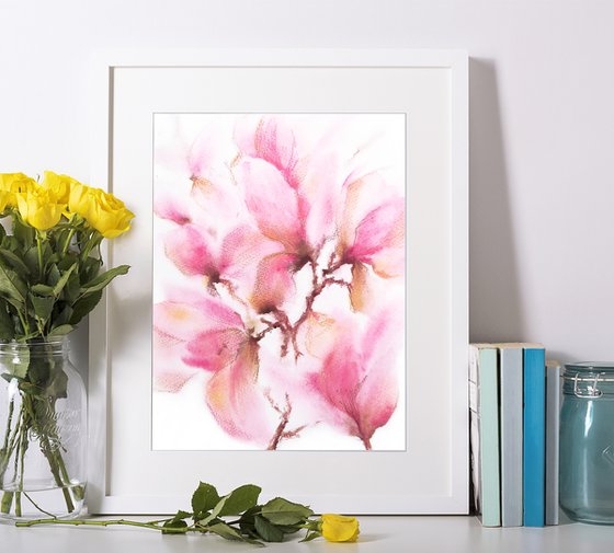 Watercolor floral painting Spring magnolias