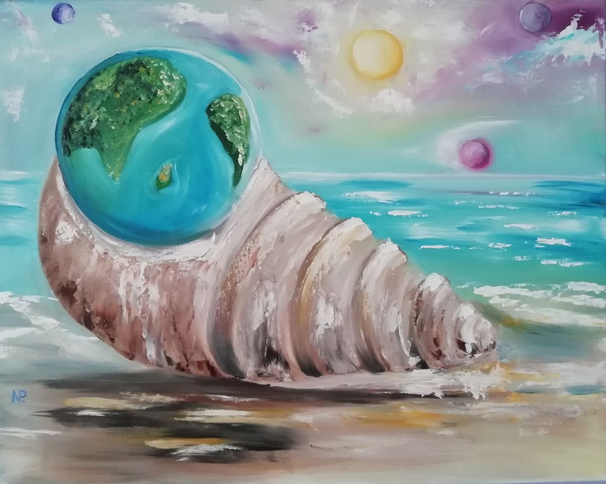 The world in a shell, original surreal planet and sea painting, wall decor by Nataliia Plakhotnyk