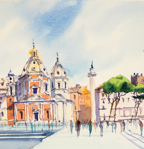 Classic rome city landscape near Venice Square. Light and shadow with city view. Medium format watercolor urban landscape italy sea bright architecture old travel by Sasha Romm