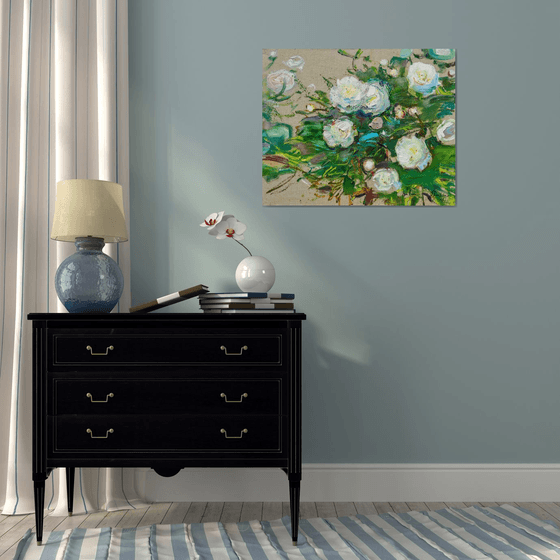 White peonies on linen background