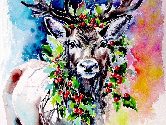 Deer with holly branch