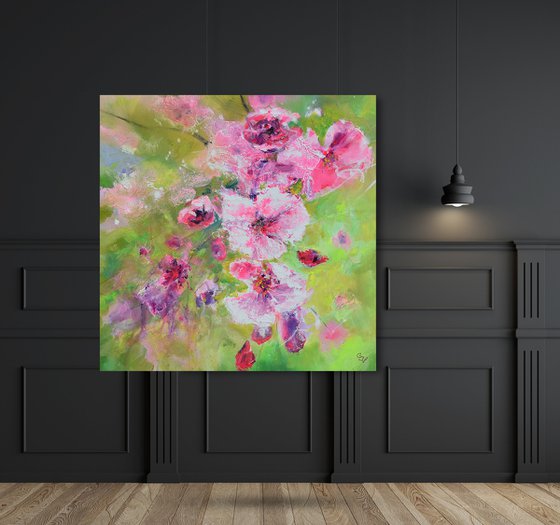 " Cherry Flowers in Light Greens "  SPECIAL PRICE !!!