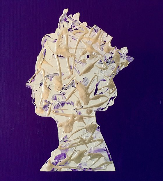 Queen #75 on dark purple, white and silver PAINTING INSPIRED BY QUEEN ELIZABETH PORTRAIT