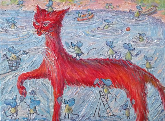bathing a red cat
