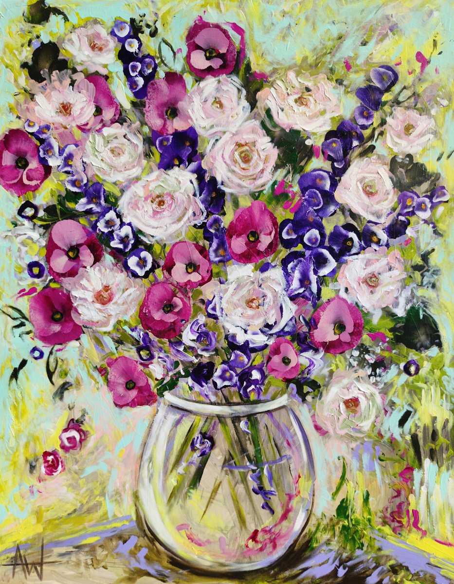 Impressionistic Botanical Oil Painting By Angie Wright, 29 X 37, Sunlit Blooms, Original Artwork