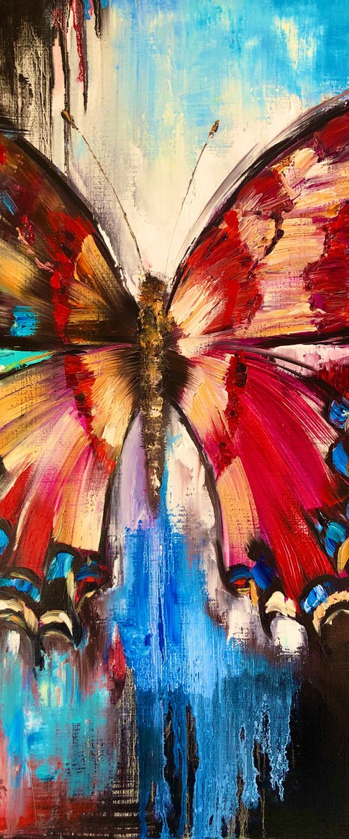 FLIGHT OF LIFE  - Red Abstract Bright butterfly by Marina Skromova