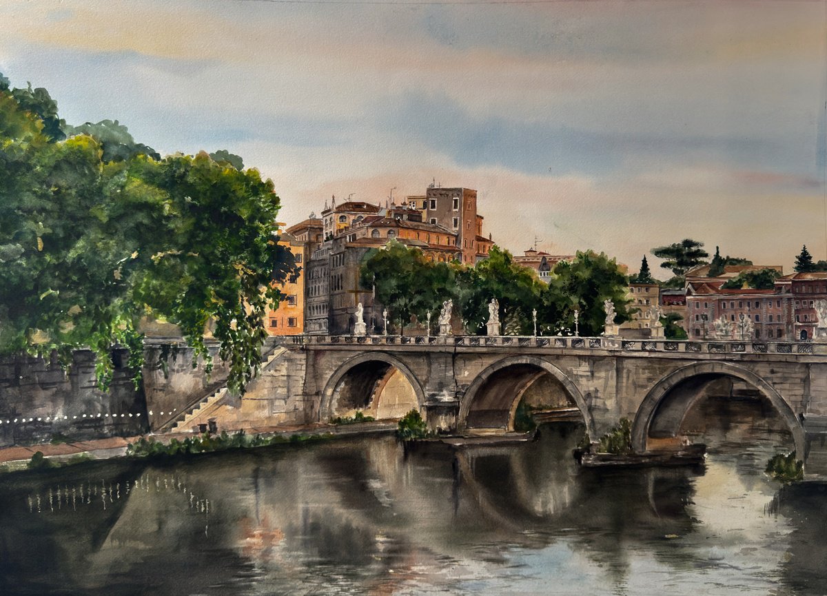 Photorealistic Watercolour , Sant Angelo Bridge By Irina Kurganskaya, 28 X 20, Artwork For Sale On Artfinder