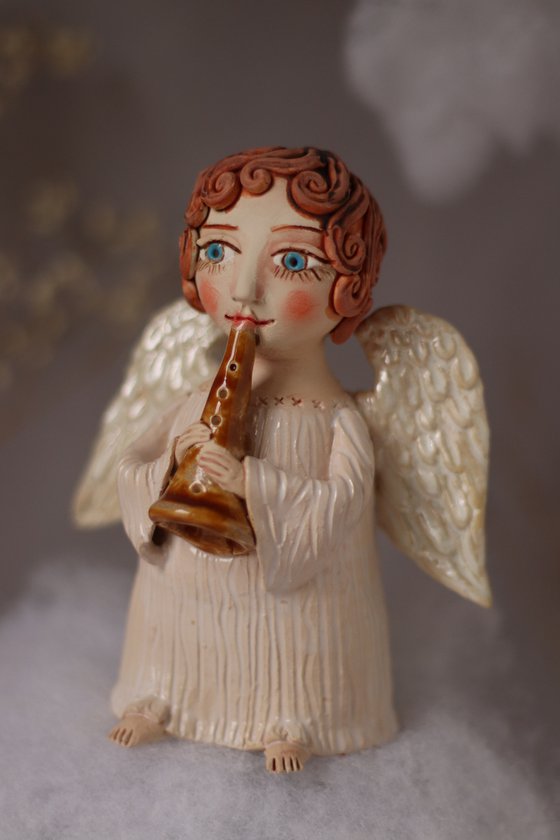 Song of the angel. Angel with a flute OOAK sculpture.