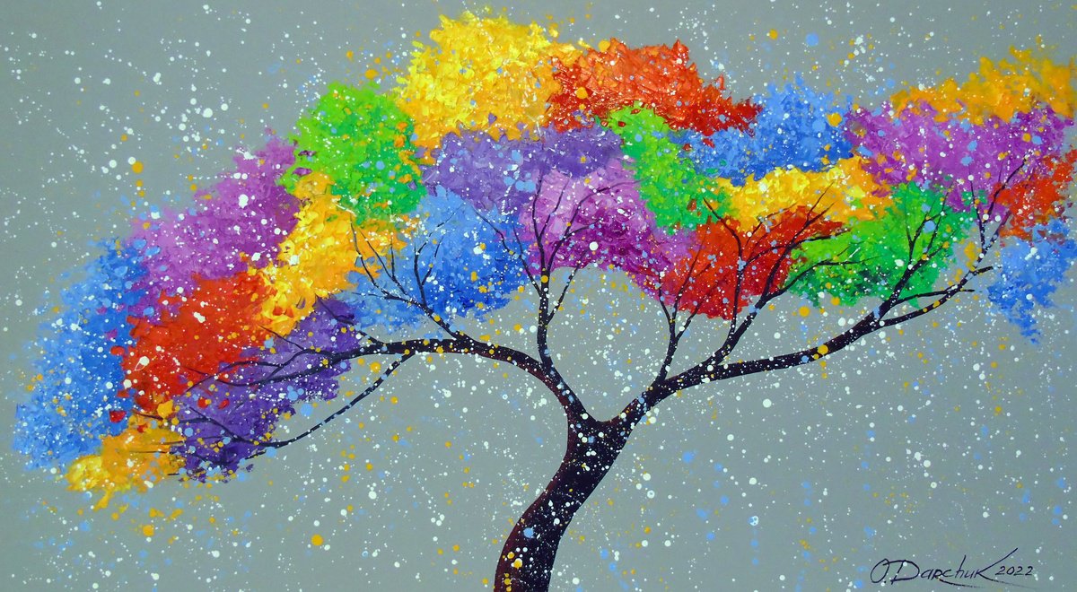 Impressionistic Botanical Oil Painting By Olha Darchuk, 35 X 20", The Colored Tree Of Luck, Original Artwork