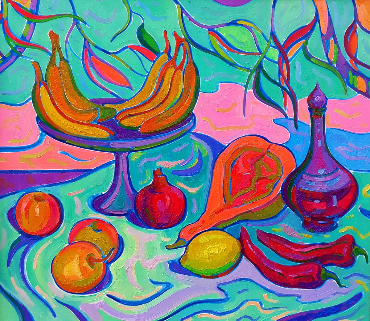 Impressionistic Still Life Oil Painting By Peter Tovpev, 33 X 30", Bananas, Pomegranate, Original Artwork