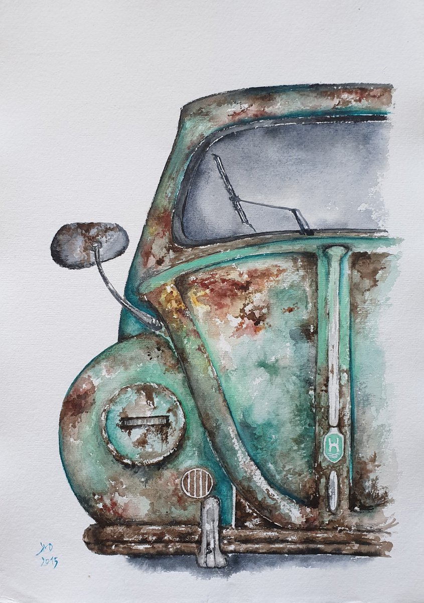 Illustrative Still Life Watercolour By Ksenia June, 12 X 17", Nostalgie Series - Rusty Car, Original Artwork