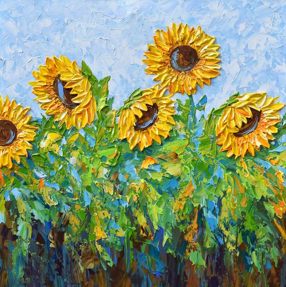 Sunflower field - Original Floral Painting on Canvas, Palette Knife Art, Textured Impasto Artwork
