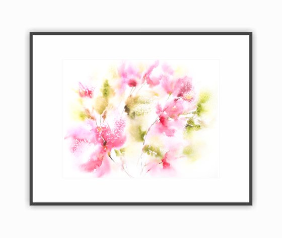 Pink floral bouquet, watercolor abstract flowers