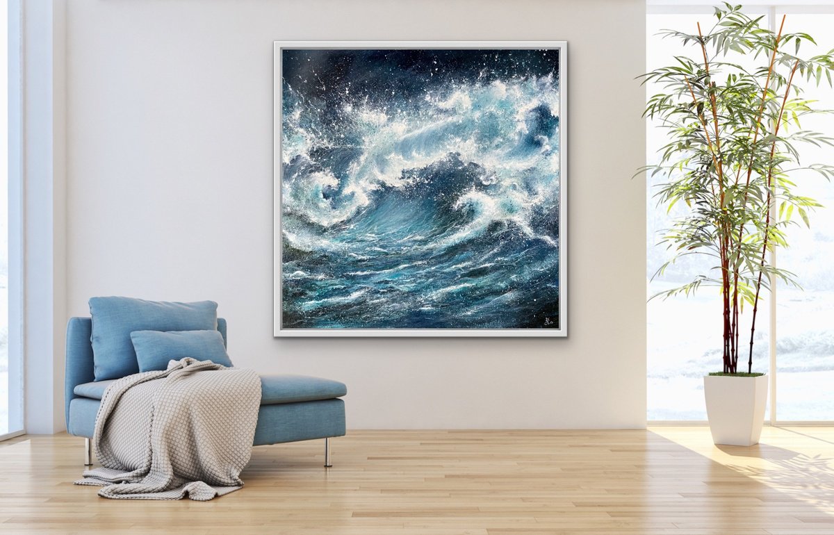 Expressive Landscape Acrylic Painting By Jan Rogers, 40 X 40, Almighty Blues, Original Artwork