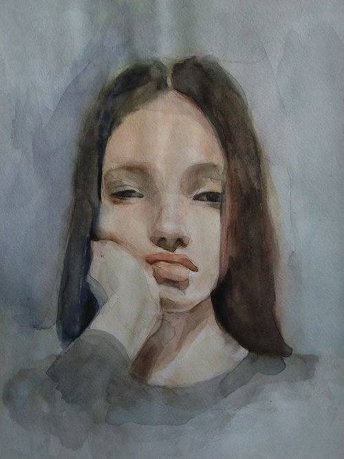 Watercolor portrait (30x43cm, watercolor, paper, portraiture) by Kamsar Ohanyan