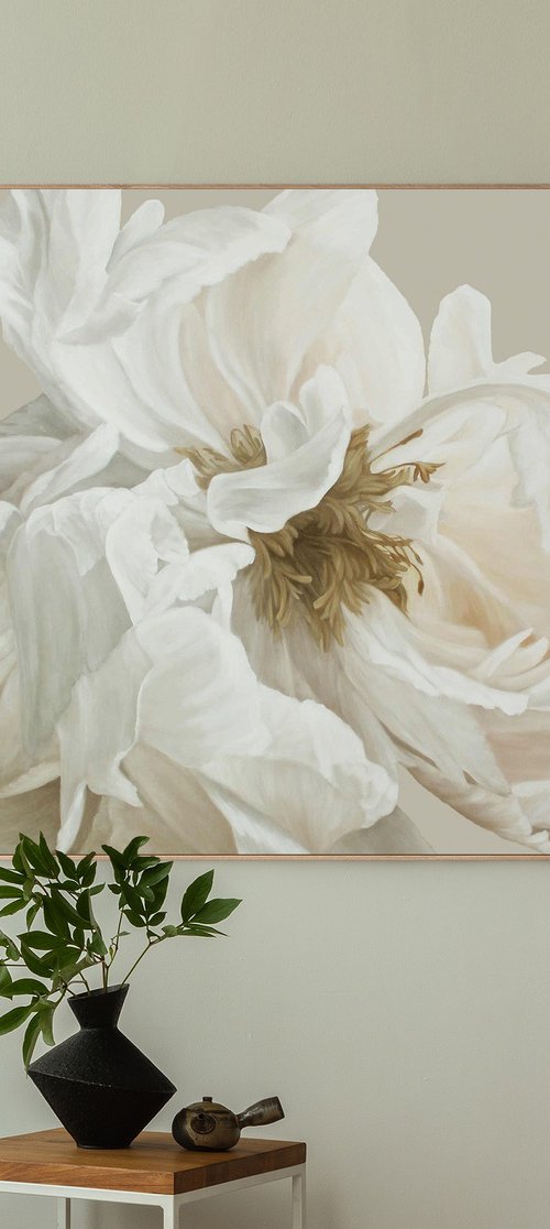 "Gray Silk Flowers 3" White peony oil art by Olha