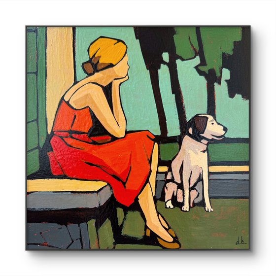 Woman and Dog Colorful Small Painting