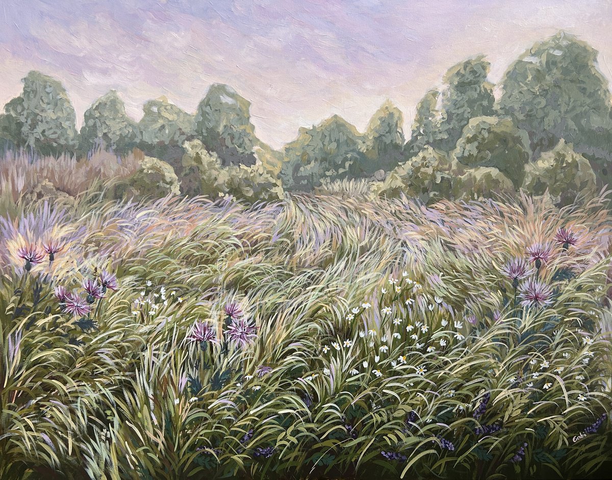 Impressionistic Landscape Acrylic Painting By Gabriele Prismantaite, 39 X 31, Summer Evening, Original Artwork