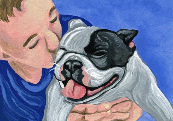 ACEO ATC Original Miniature Painting English Bulldog Pet Dog Human Love Art-Carla Smale