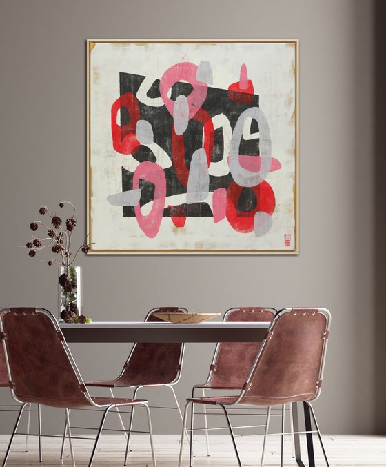 Round & Round in Red - Incl Frame - 95 x 95 cm - Ronald Hunter - 10J