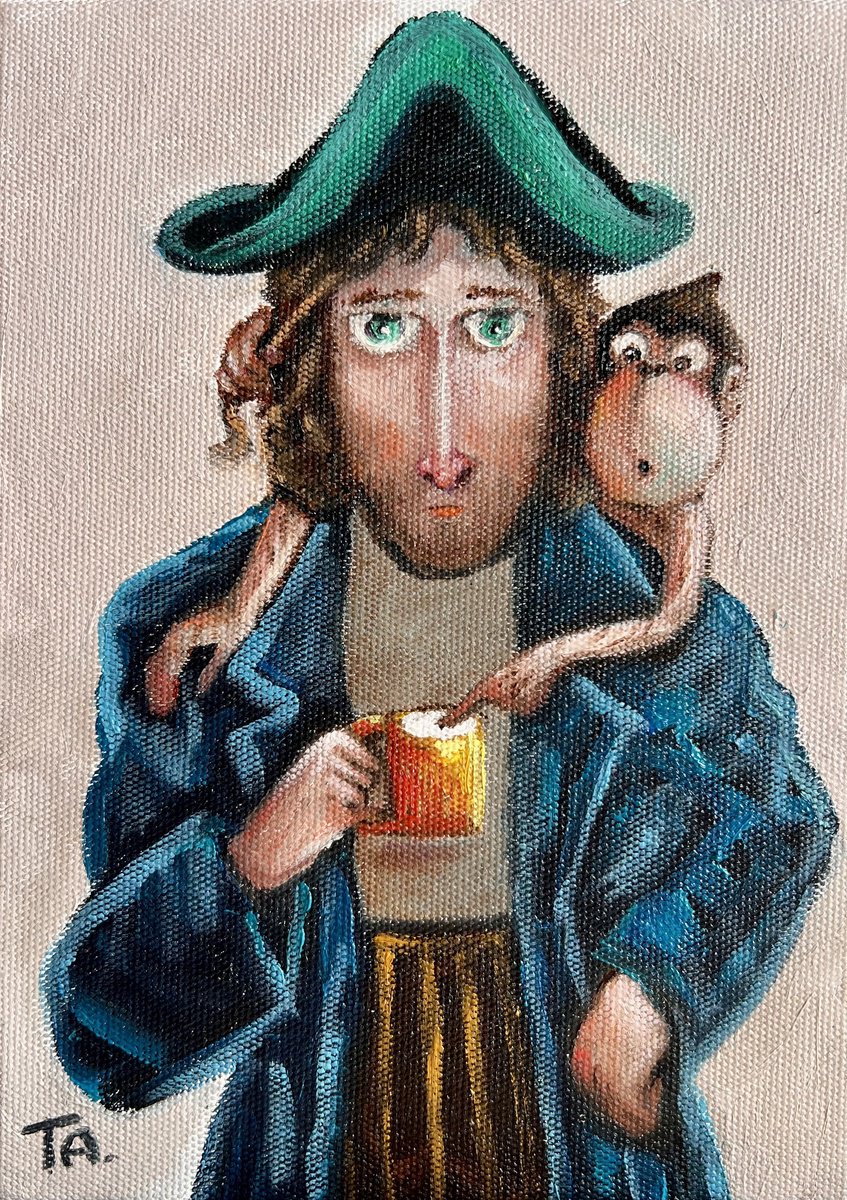 Cartoon Portrait Oil Painting By Ta Byrne, 6 X 8", Capt Thomas And Babu, Original Artwork