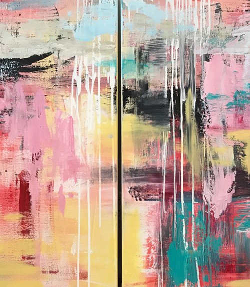 Landscape in pink, yellow and turquoise by Tiny de Bruin