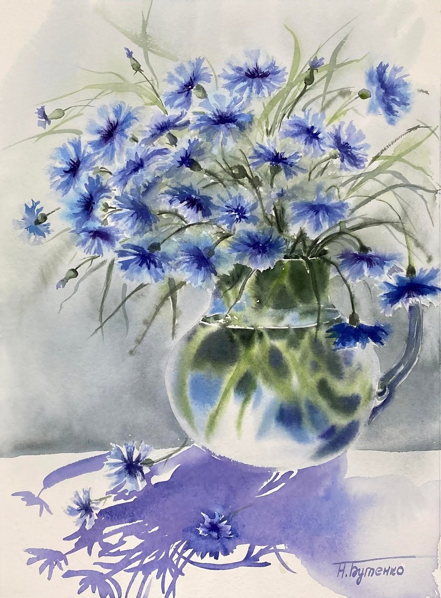 Illustrative Still Life Watercolour By Natalia Butenko, 11 X 15", Cornflowers, Original Artwork