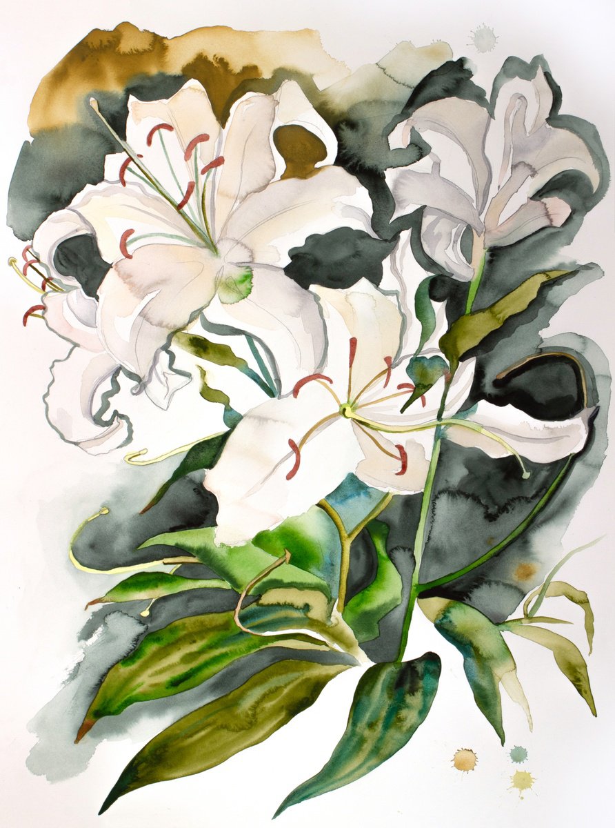 Expressive Botanical Watercolour By Elizabeth Becker, 22 X 30, Lilies No. 19, Original Artwork