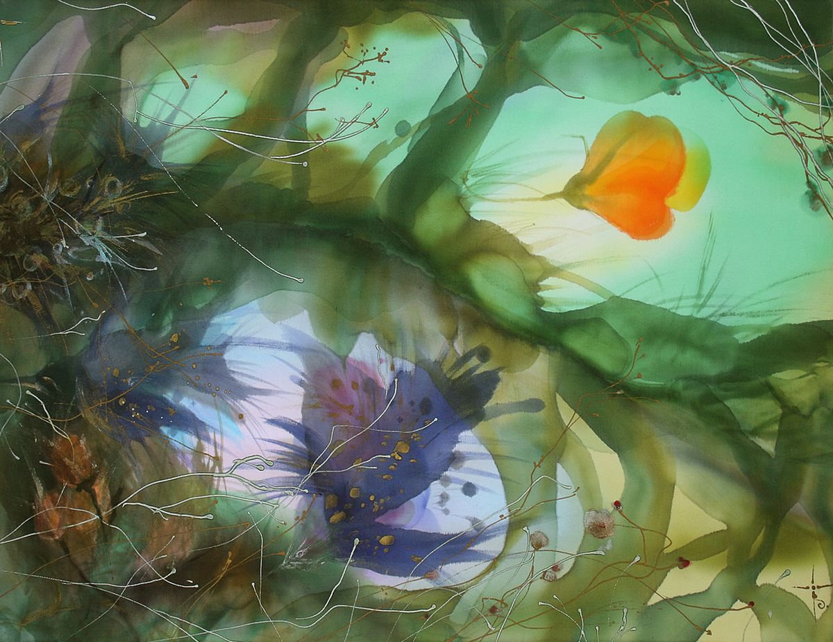 Abstract silk painting with fantastic greenery and flowers by Bistra Sirin