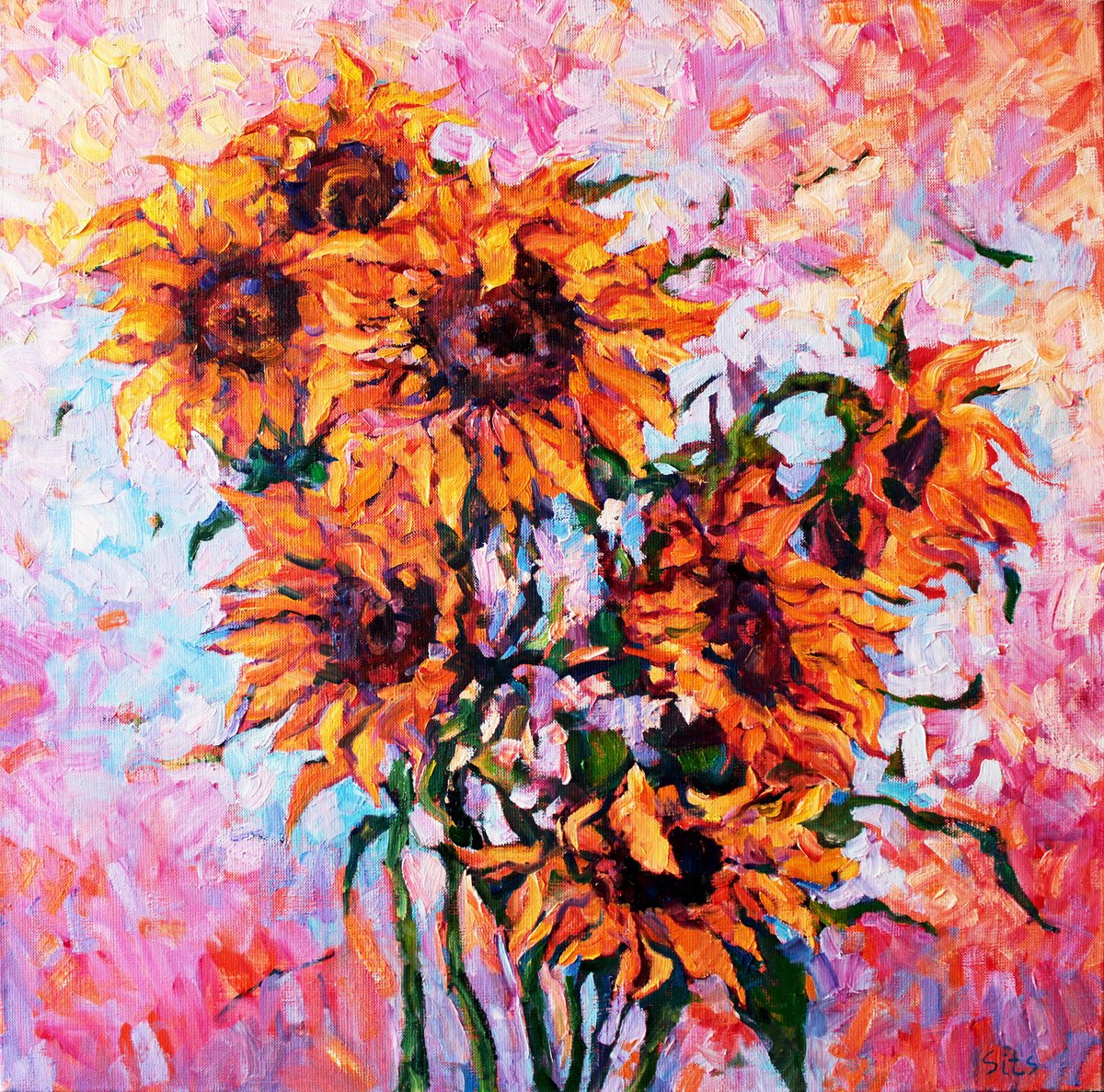 Impressionistic Botanical Oil Painting By Andrei Sitsko, 25 X 25, Sunflowers I, Original Artwork