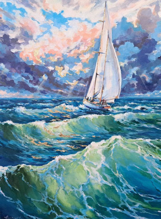 "Sailing into the sun #2", (18x24x1.5") Original, one of a kind, acrylic and golden leaf on gallery-wrapped canvas impressionistic style painting