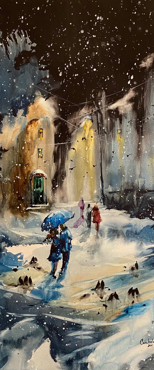 Watercolor “Always together. Snowy evening ” perfect gift by Iulia Carchelan