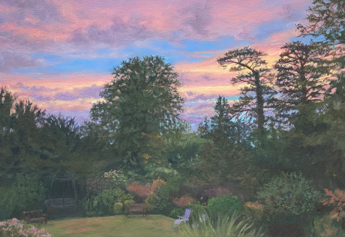 Impressionistic Landscape Oil Painting By Diana Sandetskaya, 15 X 11, Sunset, View Into The Garden, Original Artwork