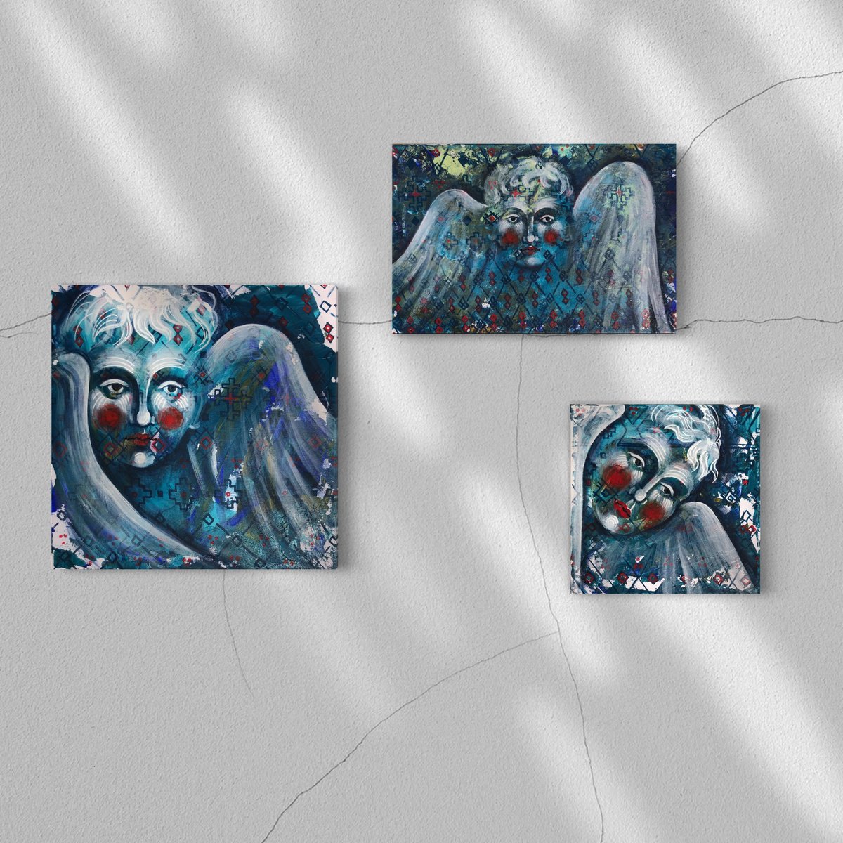 ?Cherubs? blue modern triptych with angels by Yuliia Chaika