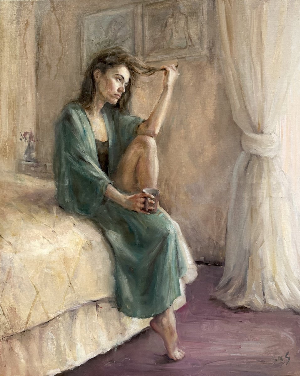 Expressive Portrait Oil Painting By Liubou Sas, 31 X 39", Winter Morning, Original Artwork