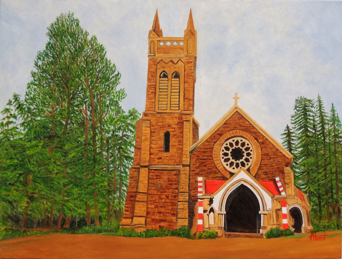 Photorealistic Cityscapes Oil Painting By Ajay Harit, 40 X 30, Church In Nainital, Original Artwork