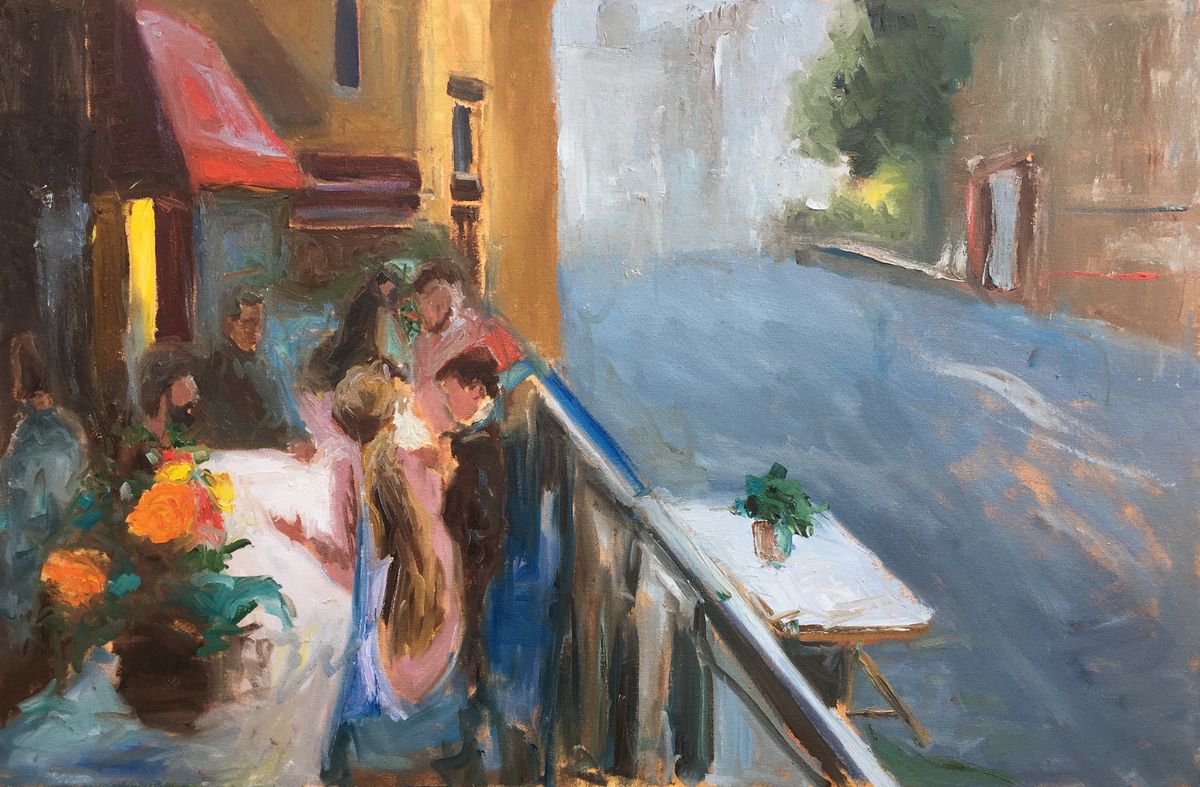 People eating outside a cafe, Original oil painting by Leo Khomich