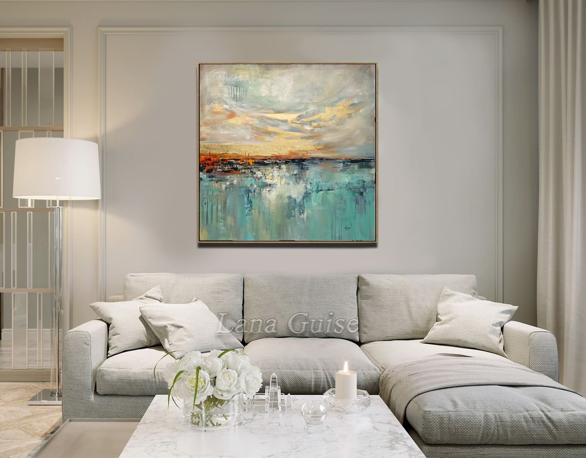 Gold Creme Teal Tuquoise Abstract Painting Large Canvas, Gold Leaf ...