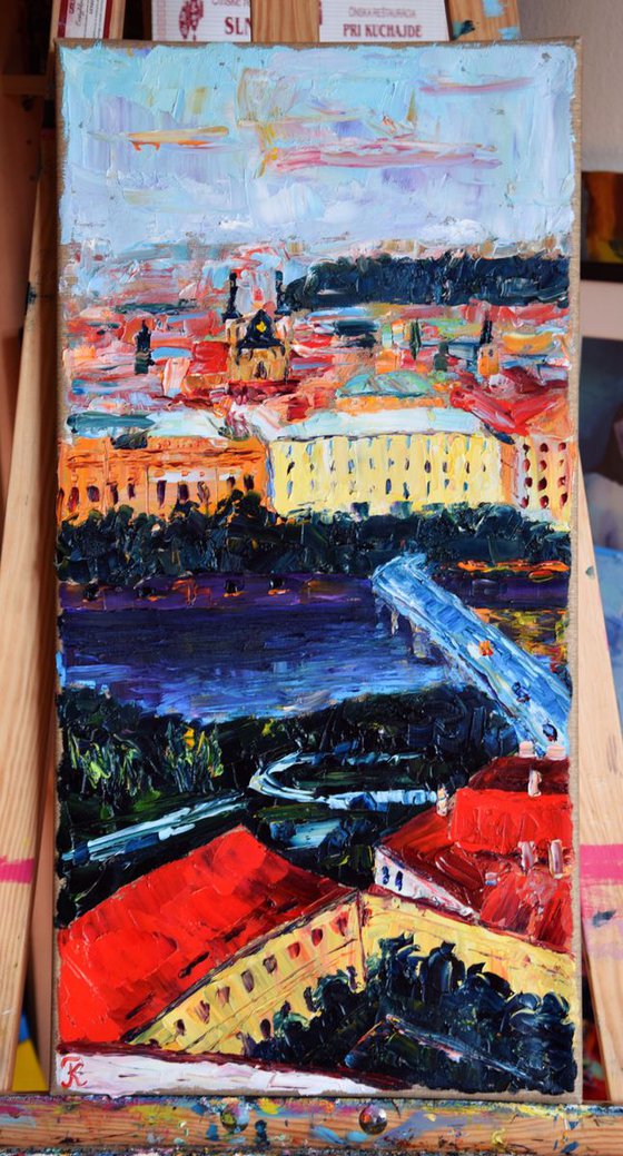 Original palette knife oil painting Prague in sunset