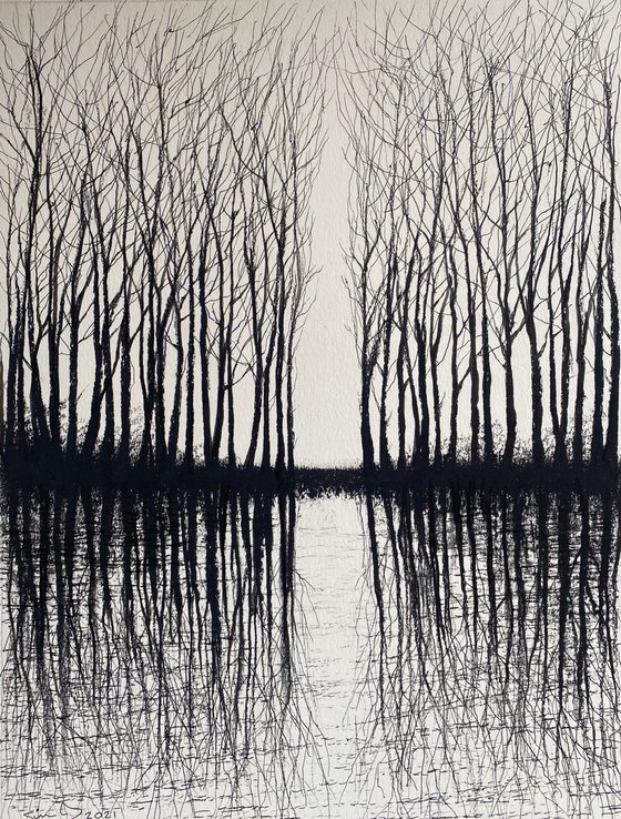 'Long Island Winter V' Charcoal & Ink Landscape Tree Water Reflection Drawing