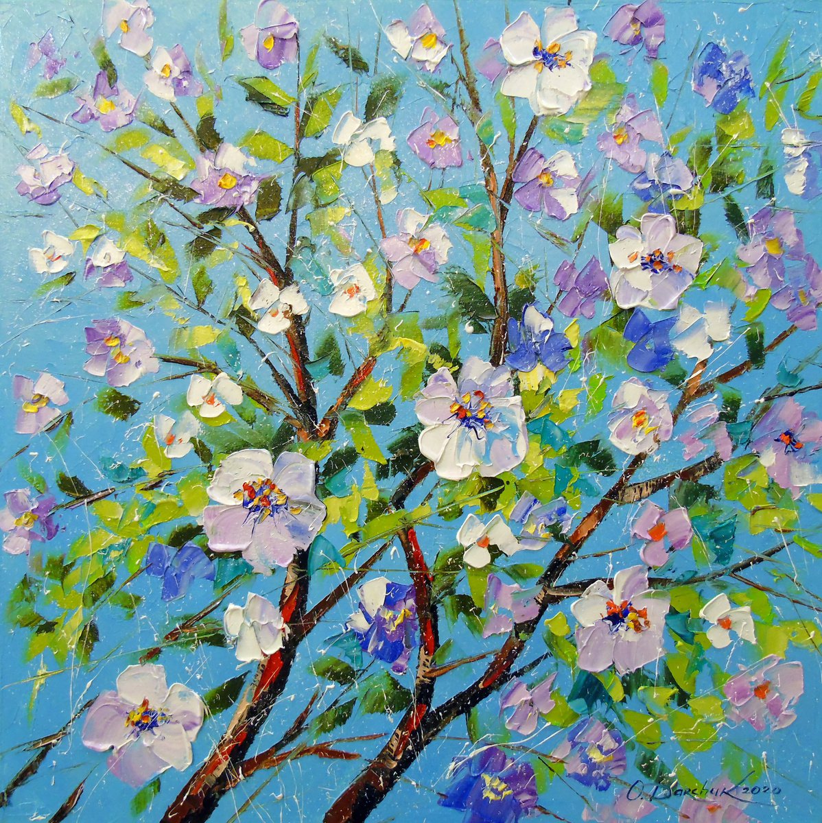 Impressionistic Botanical Oil Painting By Olha Darchuk, 20 X 20", Apple Blossom, Original Artwork